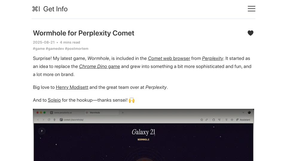 Screenshot of blog.gingerbeardman.com: Show HN: Wormhole for Perplexity Comet
