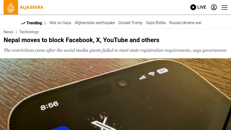 Screenshot of aljazeera.com: Nepal moves to block Facebook, X, YouTube and others