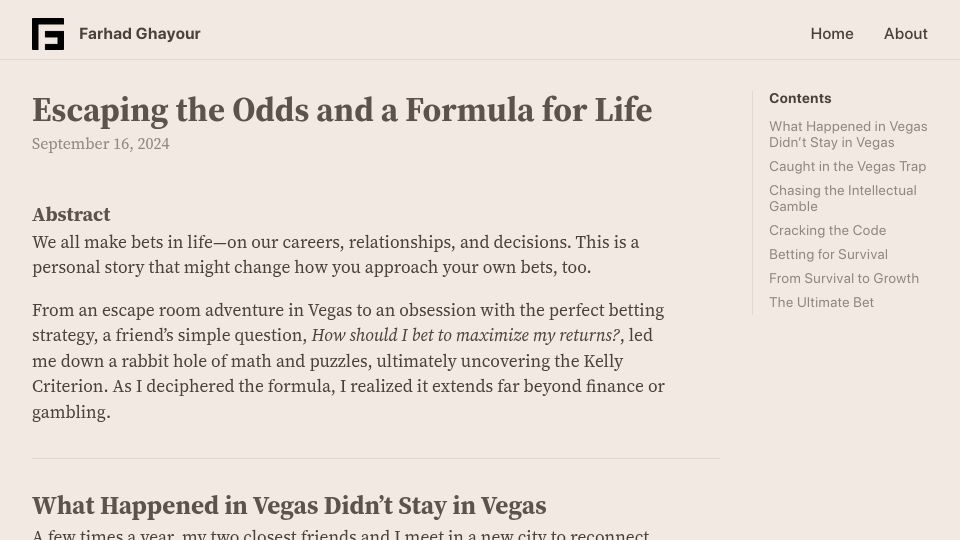 Screenshot of farhadg.com: Escaping the odds and a formula for life (2024)