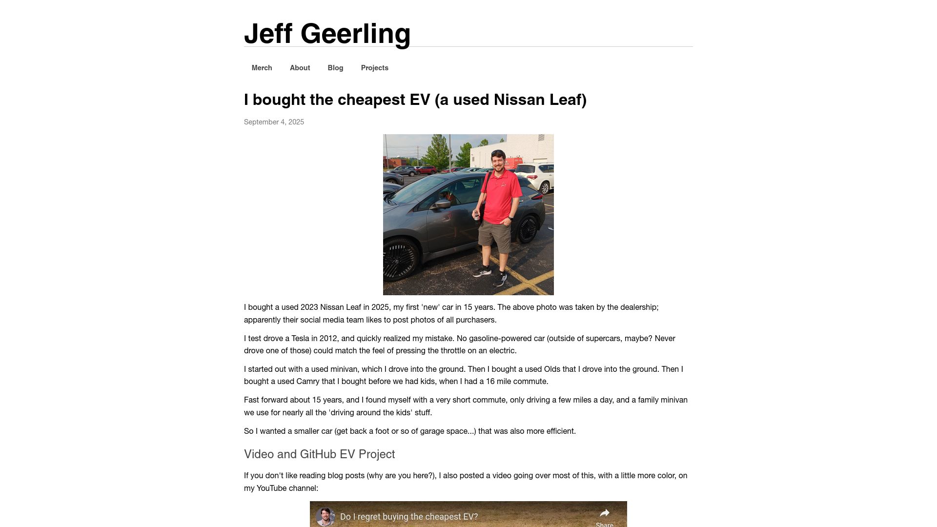 Screenshot of jeffgeerling.com: I bought the cheapest EV, a used Nissan Leaf