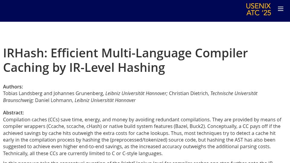 Screenshot of usenix.org: IRHash: Efficient Multi-Language Compiler Caching by IR-Level Hashing