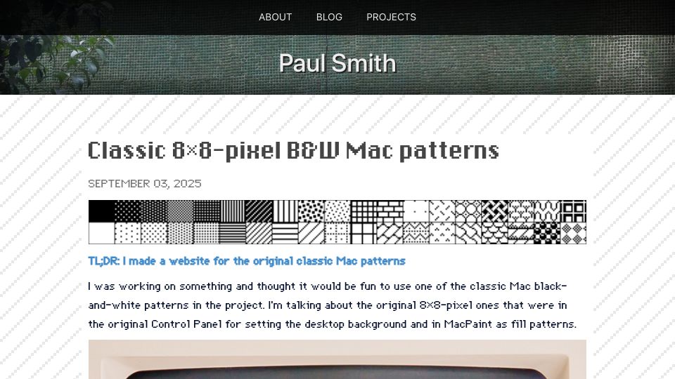 Screenshot of pauladamsmith.com: Classic 8×8-pixel B&W Mac patterns