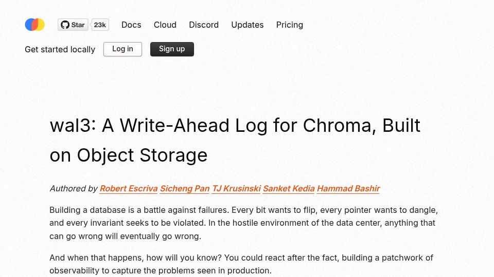 Screenshot of trychroma.com: Wal3: A Write-Ahead Log for Chroma, Built on Object Storage