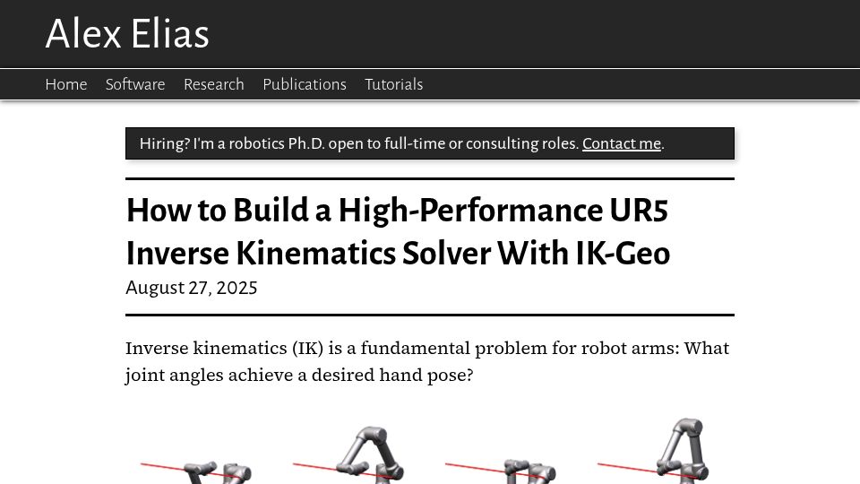 Screenshot of alexanderelias.com: How to Build a High-Performance UR5 Inverse Kinematics Solver with IK-Geo