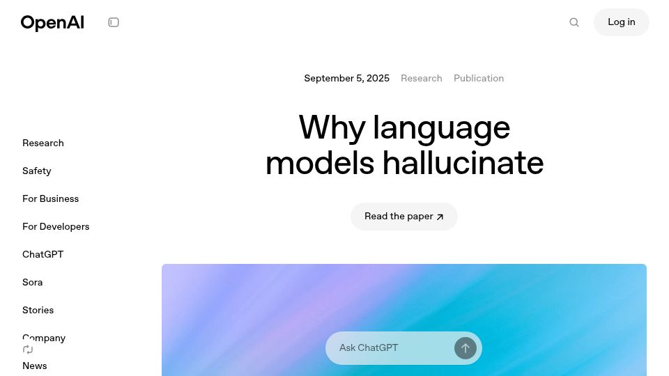 Screenshot of openai.com: Why language models hallucinate