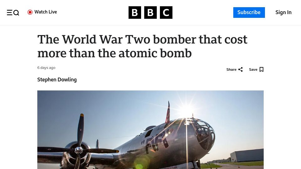 Screenshot of bbc.com: The World War Two bomber that cost more than the atomic bomb