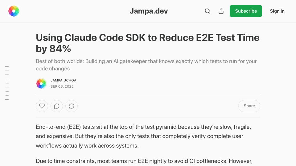 Screenshot of jampauchoa.substack.com: Using Claude Code SDK to reduce E2E test time