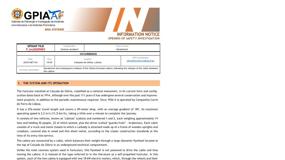 Screenshot of gpiaaf.gov.pt: Gloria funicular derailment initial findings report (EN) [pdf]