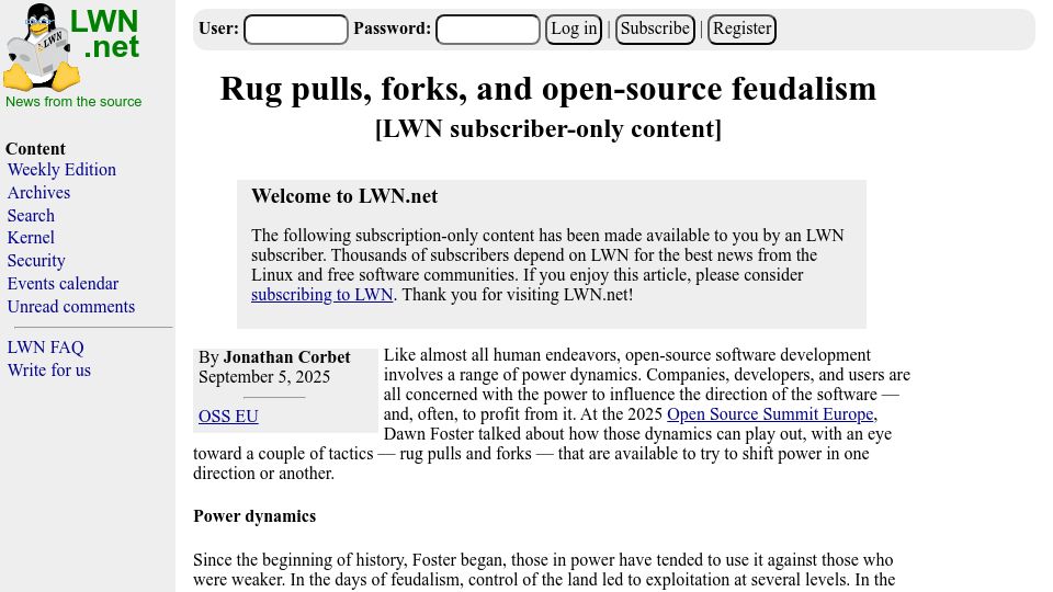 Screenshot of lwn.net: Rug pulls, forks, and open-source feudalism