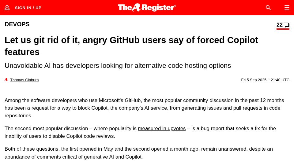 Screenshot of theregister.com: Let us git rid of it, angry GitHub users say of forced Copilot features