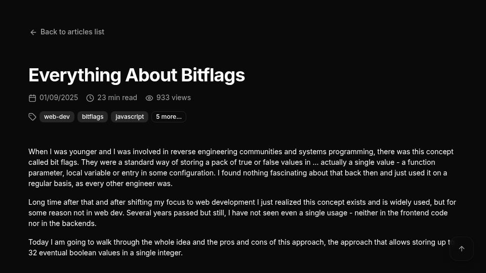 Screenshot of neg4n.dev: Everything About Bitflags: How to store up to 32 booleans in one value?