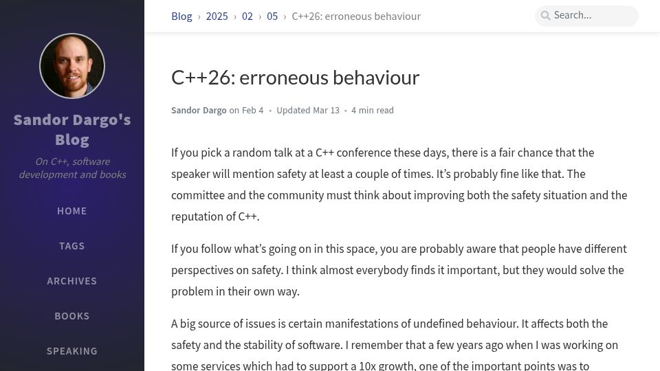 Screenshot of sandordargo.com: C++26: Erroneous behaviour