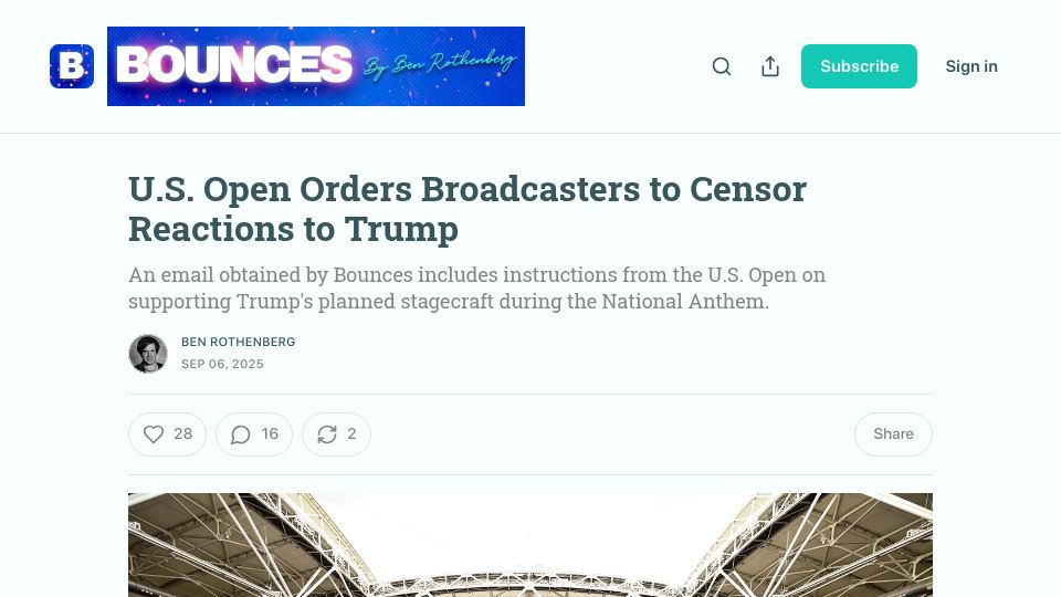Screenshot of benrothenberg.com: U.S. Open Orders Broadcasters to Censor Reactions to Trump