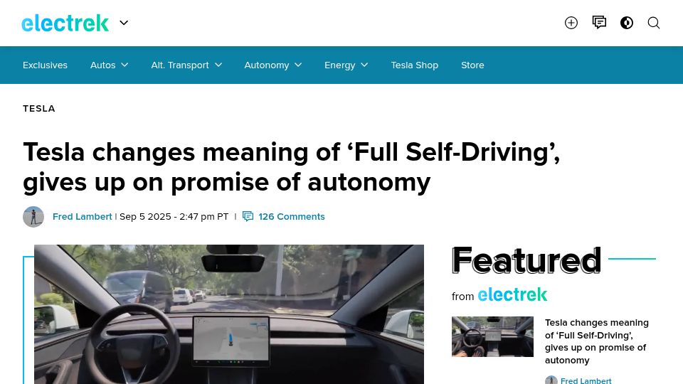 Screenshot of electrek.co: Tesla changes meaning of 'Full Self-Driving', gives up on promise of autonomy
