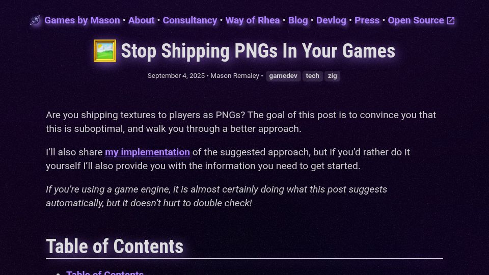 Screenshot of gamesbymason.com: Shipping textures as PNGs is suboptimal