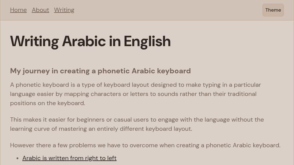 Screenshot of sherifelmetwally.com: Show HN: Writing Arabic in English
