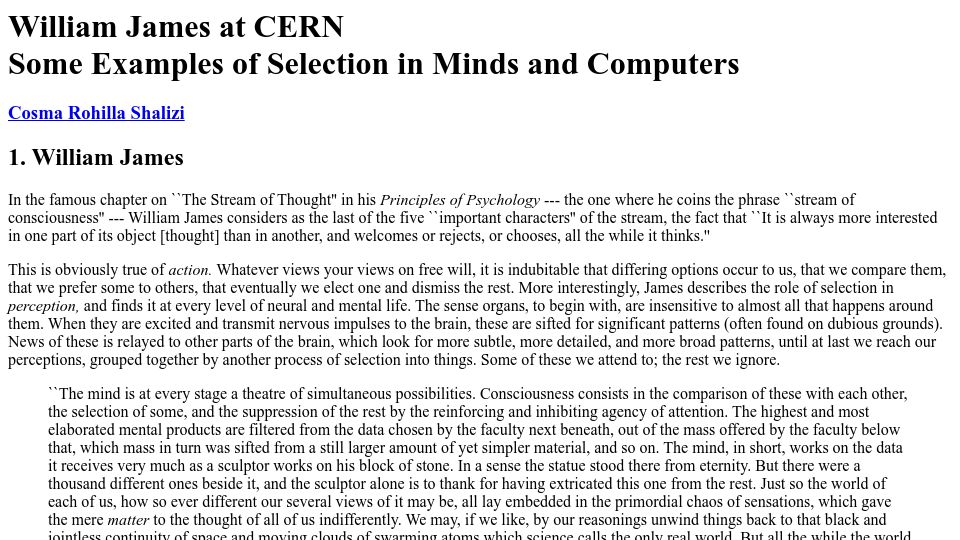 Screenshot of bactra.org: William James at CERN (1995)