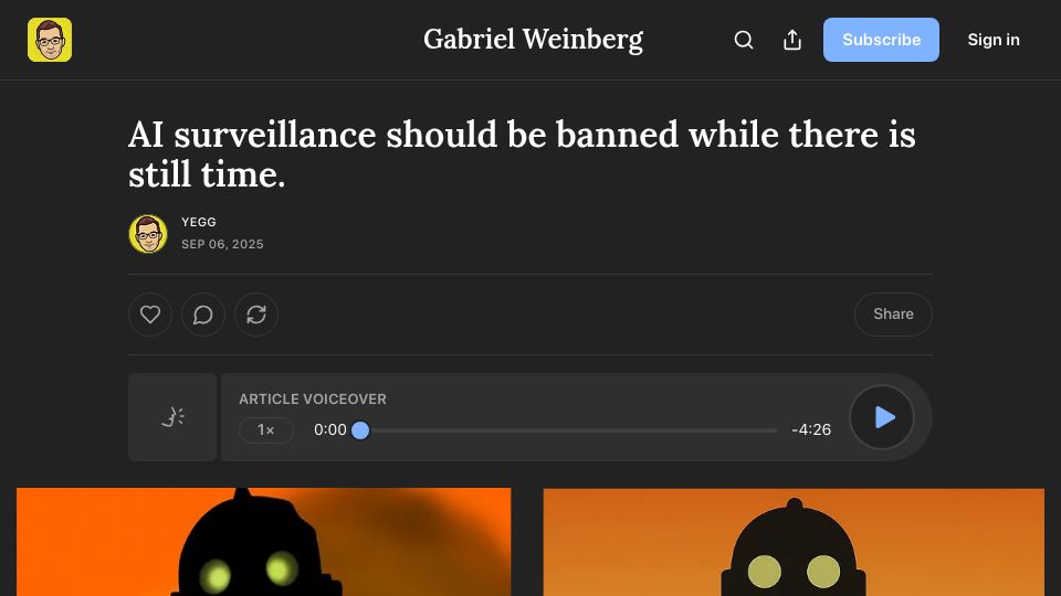 Screenshot of gabrielweinberg.com: AI surveillance should be banned while there is still time