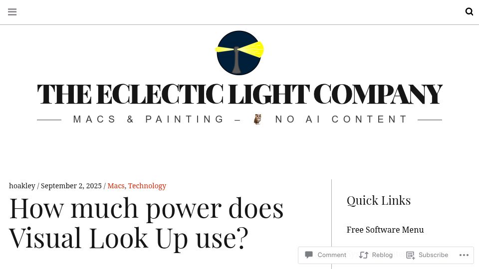 Screenshot of eclecticlight.co: How much power does Visual Look Up use?