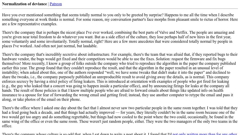 Screenshot of danluu.com: Normalization of deviance (2015)