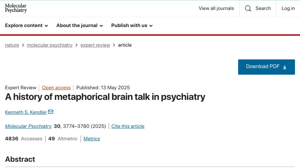 Screenshot of nature.com: A history of metaphorical brain talk in psychiatry