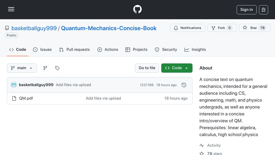 Screenshot of github.com: Quantum Mechanics, Concise Book
