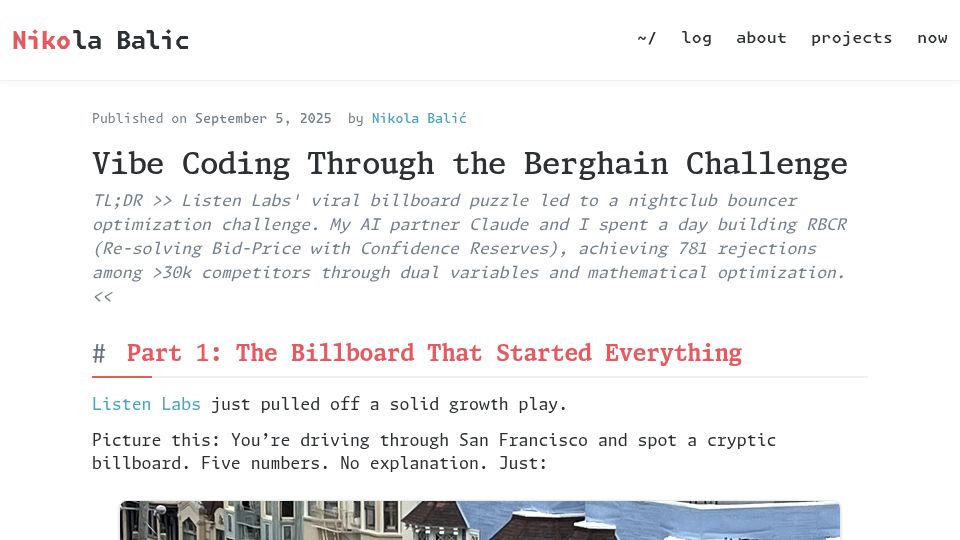 Screenshot of nibzard.com: Vibe Coding Through the Berghain Challenge