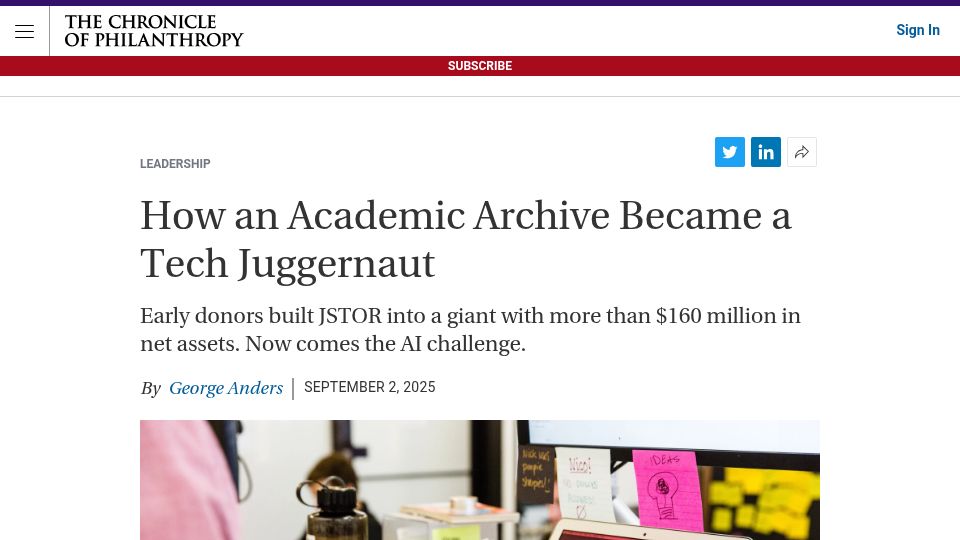 Screenshot of philanthropy.com: An Academic Archive Became a Tech Juggernaut