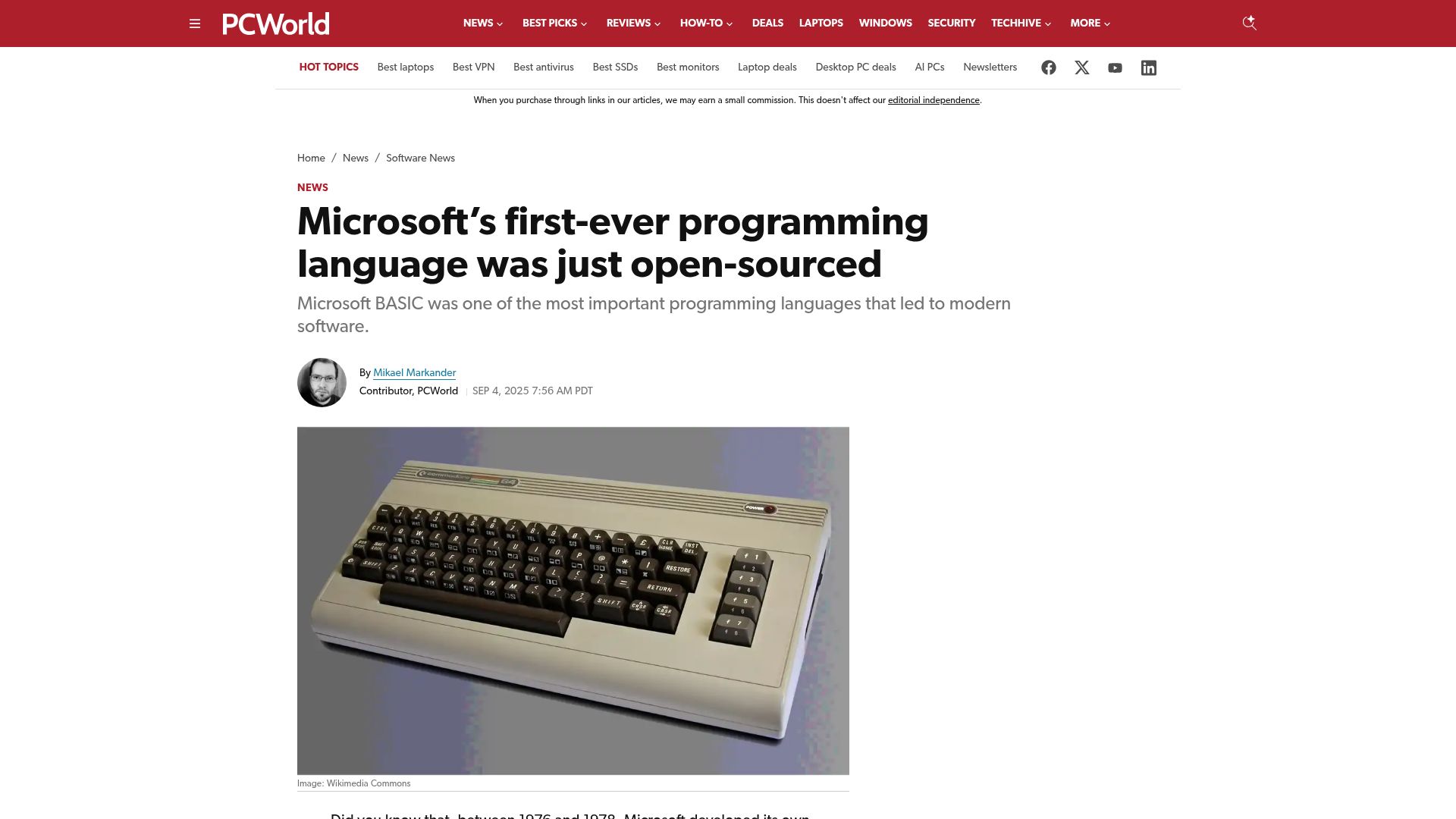 Screenshot of pcworld.com: Microsoft BASIC, now open source