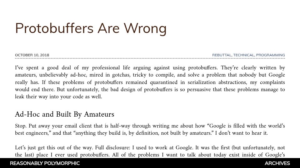 Screenshot of reasonablypolymorphic.com: Protobuffers Are Wrong (2018)