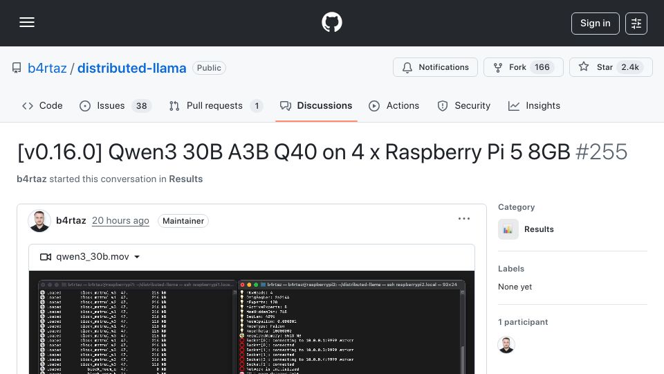 Screenshot of github.com: Qwen3 30B A3B Hits 13 token/s on 4xRaspberry Pi 5