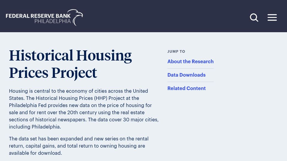 Screenshot of philadelphiafed.org: Historical Housing Prices Project