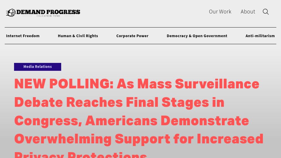 Screenshot of demandprogresseducationfund.org: Amid Mass Surveillance Debate, Americans Support Privacy Protections (2023)