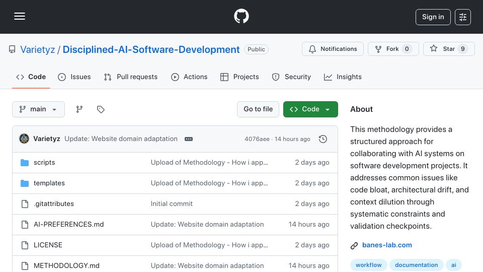 Screenshot of github.com: A Software Development Methodology for Disciplined LLM Collaboration