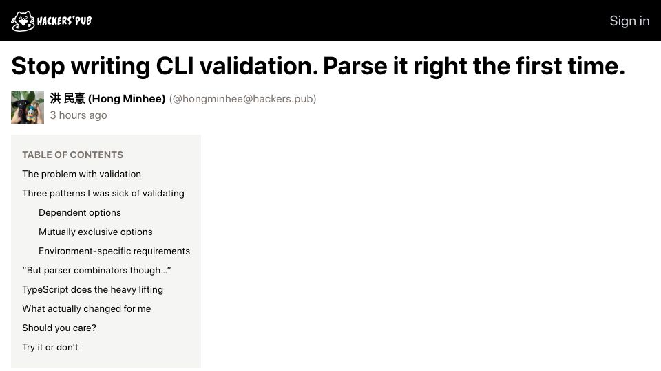 Screenshot of hackers.pub: Stop writing CLI validation. Parse it right the first time