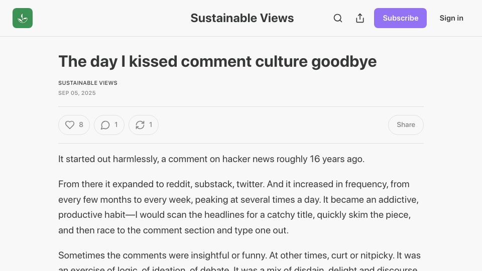 Screenshot of sustainableviews.substack.com: I kissed comment culture goodbye
