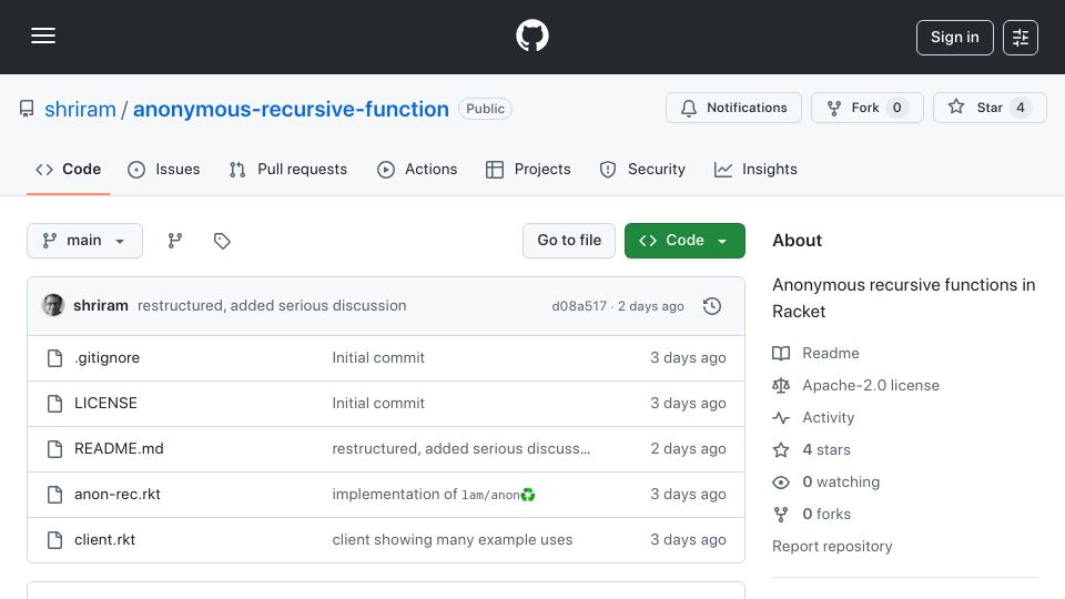 Screenshot of github.com: Anonymous recursive functions in Racket