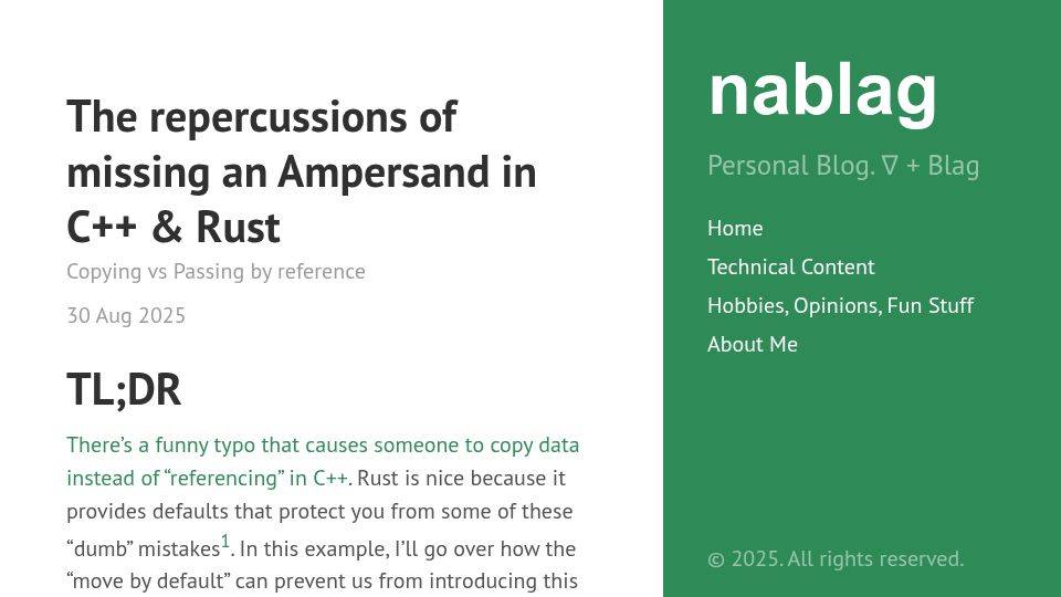 Screenshot of nablag.com: The repercussions of missing an Ampersand in C++ and Rust