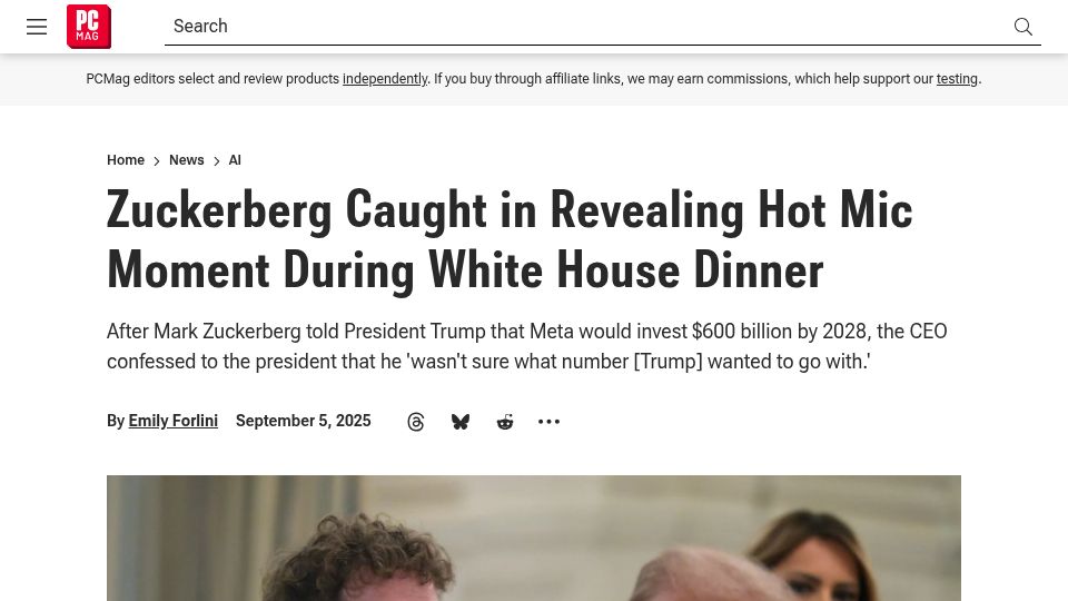 Screenshot of pcmag.com: Zuckerberg Caught in Revealing Hot Mic Moment During White House Dinner