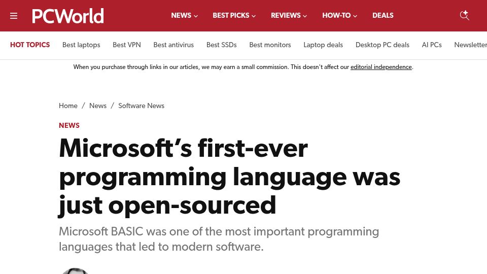 Screenshot of pcworld.com: Microsoft BASIC, now open source