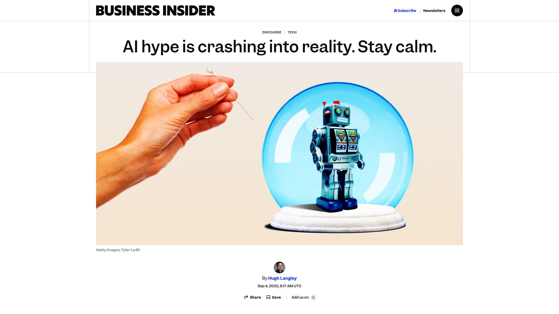 Screenshot of businessinsider.com: AI hype is crashing into reality. Stay calm
