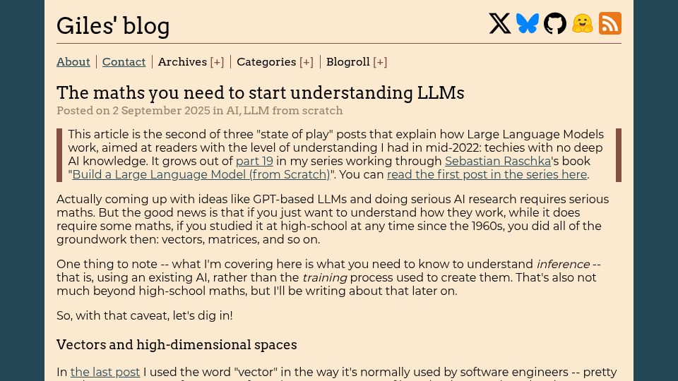 Screenshot of gilesthomas.com: The maths you need to start understanding LLMs