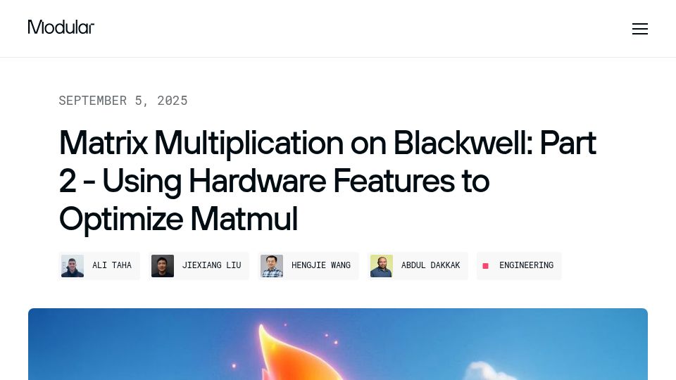 Screenshot of modular.com: Matmul on Blackwell: Part 2 – Using Hardware Features to Optimize Matmul