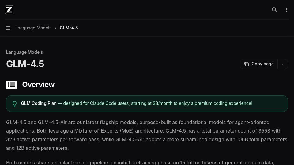 Screenshot of docs.z.ai: GLM 4.5 with Claude Code