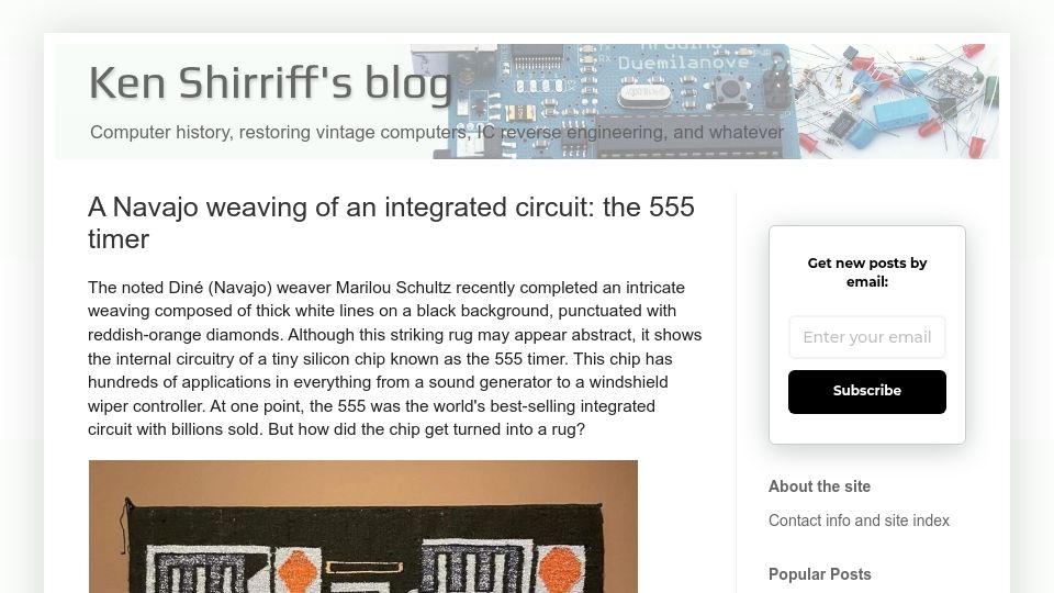 Screenshot of righto.com: A Navajo weaving of an integrated circuit: the 555 timer