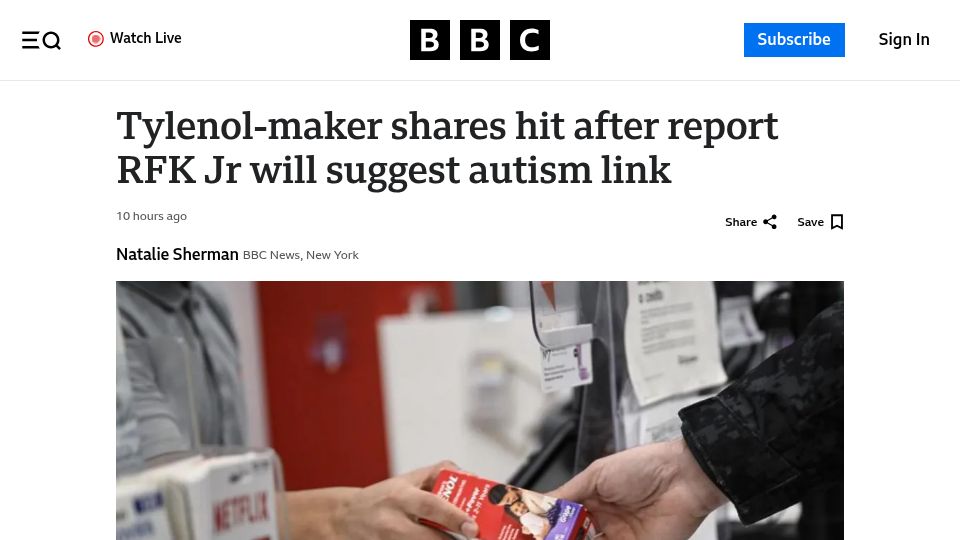 Screenshot of bbc.com: Tylenol-maker shares hit after report RFK Jr will suggest autism link
