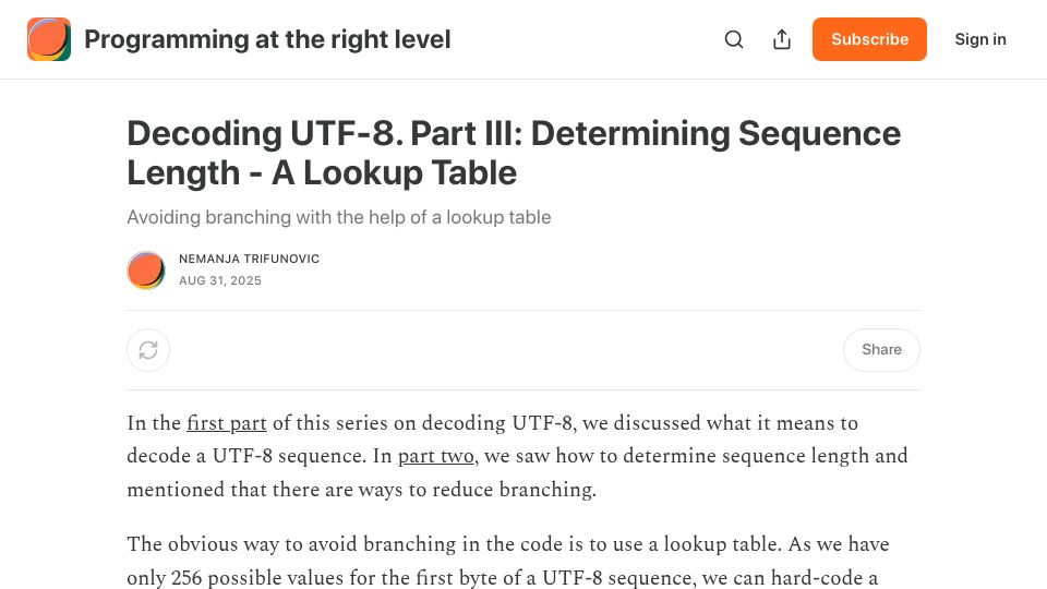 Screenshot of nemanjatrifunovic.substack.com: Decoding UTF-8. Part III: Determining Sequence Length – A Lookup Table