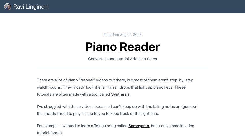 Screenshot of heyraviteja.com: Processing Piano Tutorial Videos in the Browser