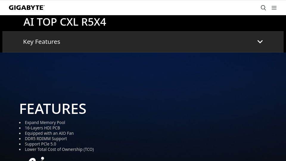 Screenshot of gigabyte.com: GigaByte CXL memory expansion card with up to 512GB DRAM