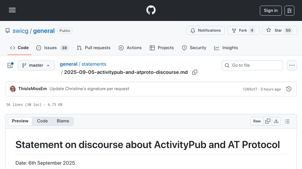 Screenshot of github.com: Statement on discourse about ActivityPub and AT Protocol